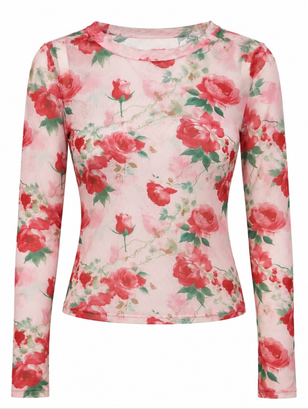 chic Pink Floral Long-Sleeve Mesh Tee